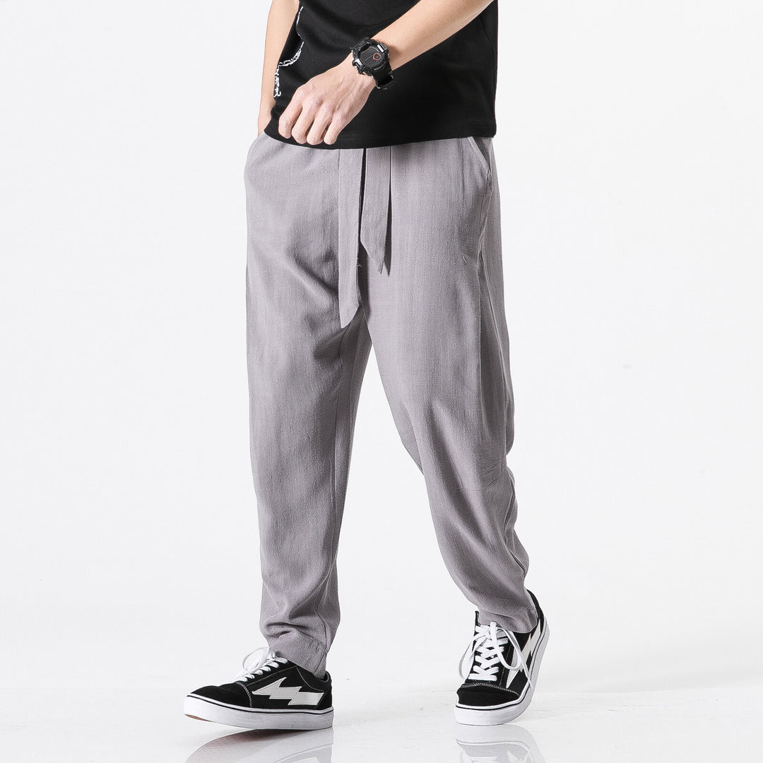 Herren nan entspannte Leinen-Baumwoll Harem-Joggerhose mit verdecktem Tunnelzug und tapered Bein EB