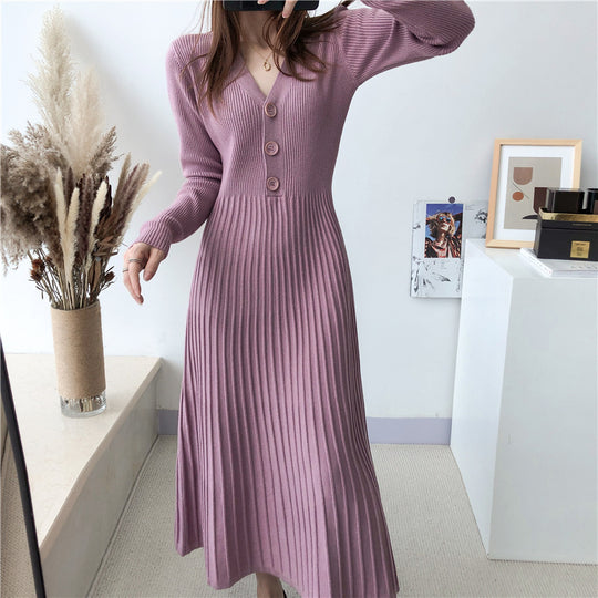 Damen Strickkleid mit Knopfverschluss und gerippter Struktur EB