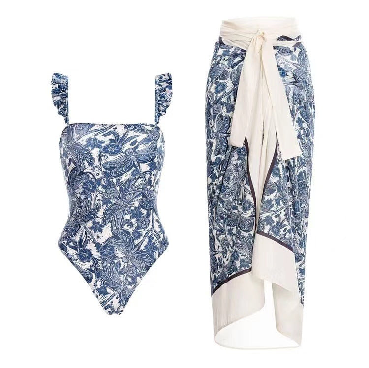 Damen Einteiler Badeanzug mit floralem Design und abnehmbarem Wickelrock EB