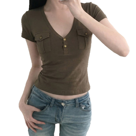 Damen Kurzarmshirt mit Knopfdetails und seitlichen Taschen EB