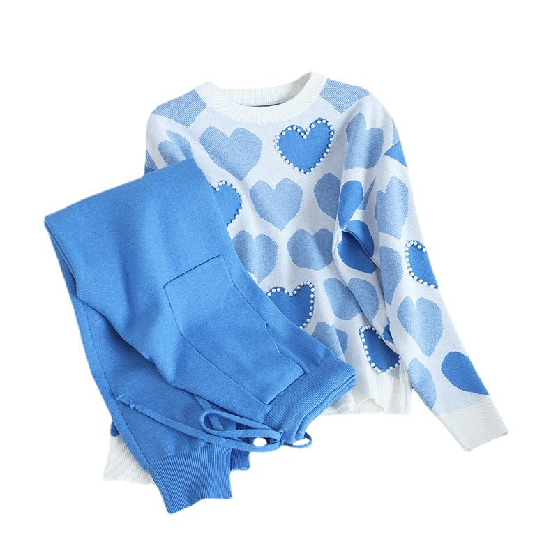 Damen kuscheliges Strick-Loungewear-Set mit Herzmuster EB