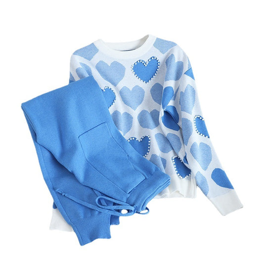 Damen kuscheliges Strick-Loungewear-Set mit Herzmuster EB
