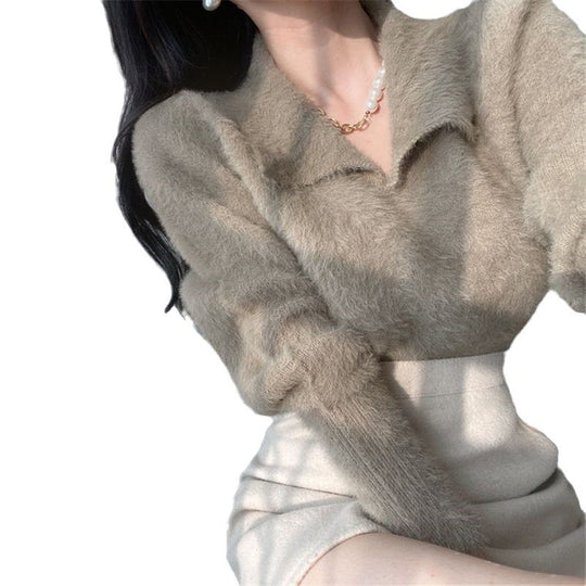 Damen Weicher Strickpullover mit elegantem Kragen und Puffärmeln EB