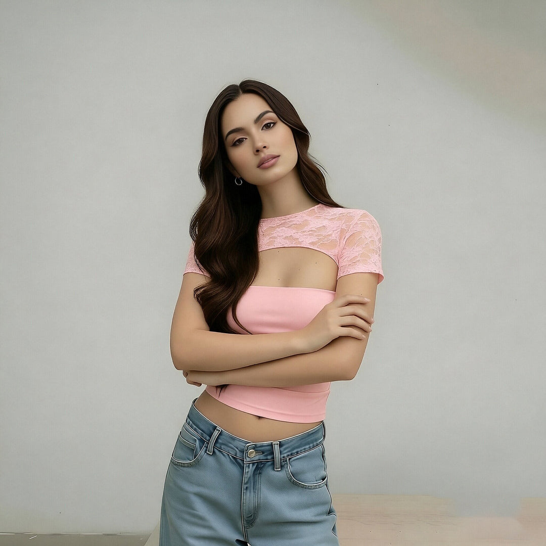 Damen Cropped Top mit Spitzenmuster und figurbetontem Schnitt EB