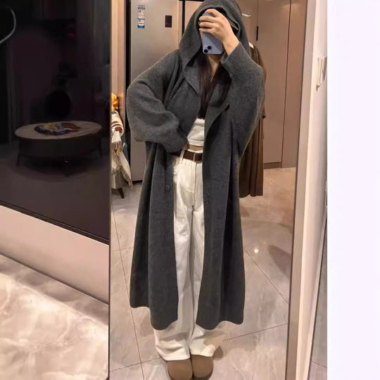 Damen Langer Strickcardigan mit Kapuze und praktischen Knöpfen EB