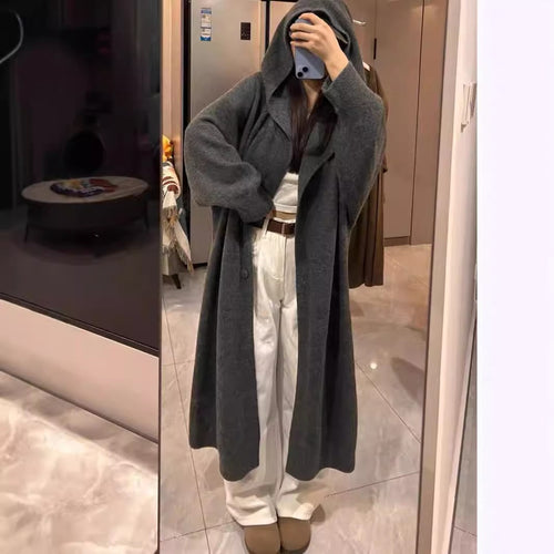 Damen Langer Strickcardigan mit Kapuze und praktischen Knöpfen EB