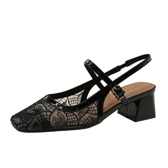 Damen Slingback-Pumps mit floralem Spitzenmuster und elegantem Blockabsatz EB