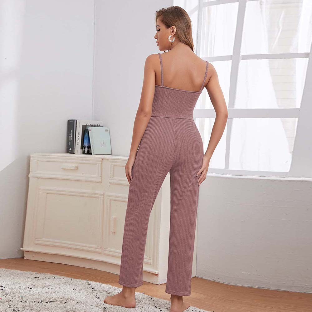Damen dreiteiliges Lounge-Set aus Waffelstrick mit Longcardigan Spaghettiträger-Top und Highwaist-Jogginghose Eichborn Berlin