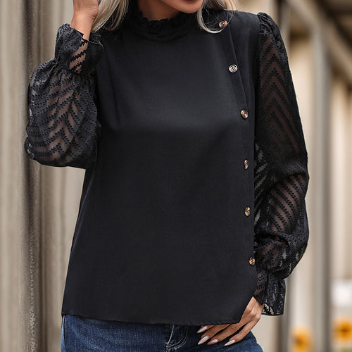 Damen Modisches Blusenshirt mit Rüschendetails und Knopfverzierung EB