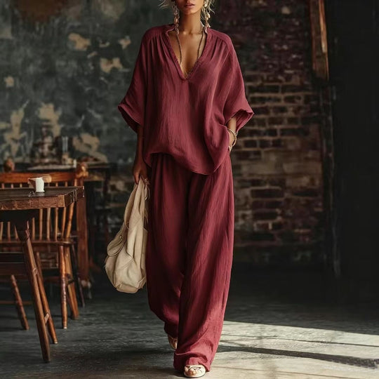Damen nan lässiges zweiteiliges Leinenoptik-Set mit tiefem V-Ausschnitt, Oversize-Bluse und weitem Palazzo-Hosen EB