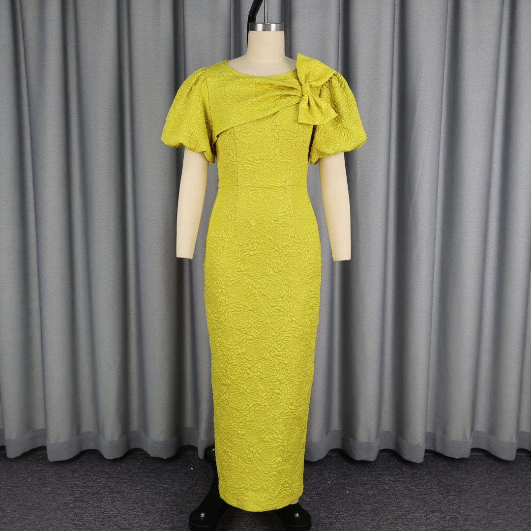Damen elegantes Maxikleid mit voluminösen Puffärmeln und raffiniertem Schleifendetail EB