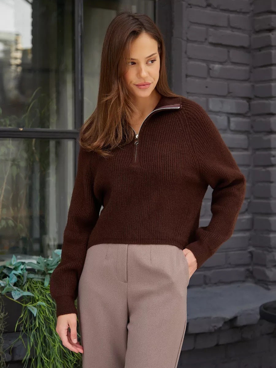 Damen Cozy Pullover mit Kragen und Reißverschluss EB