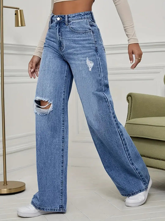 Damen Weite Jeans mit schicken Rissdetails und hohem Bund EB