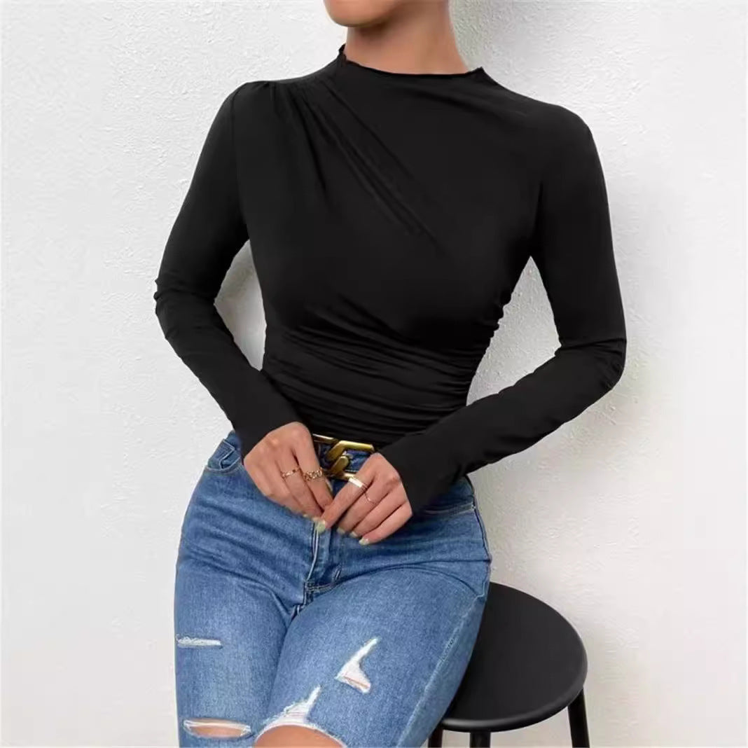 Damen nan gerafftes Langarmshirt mit asymmetrischem U-Boot-Ausschnitt und figurbetonter Silhouette EB