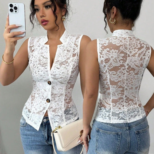 Damen Spitzenbluse im eleganten Schnitt mit Knopfdetails EB