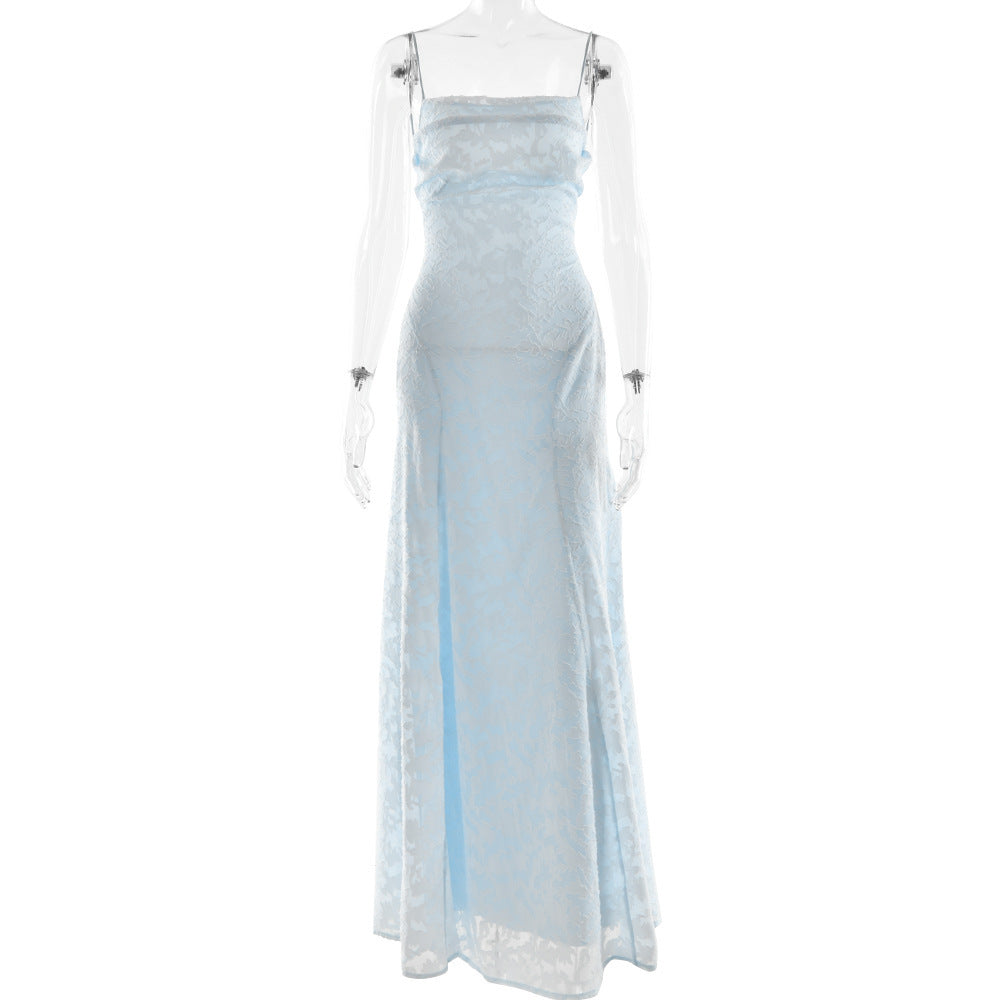 Damen Maxikleid mit floralem Spitzenmuster und schwingendem Rock EB