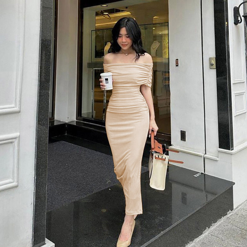 Damen Off-Shoulder Maxikleid mit Raffung und elastischem Bund EB