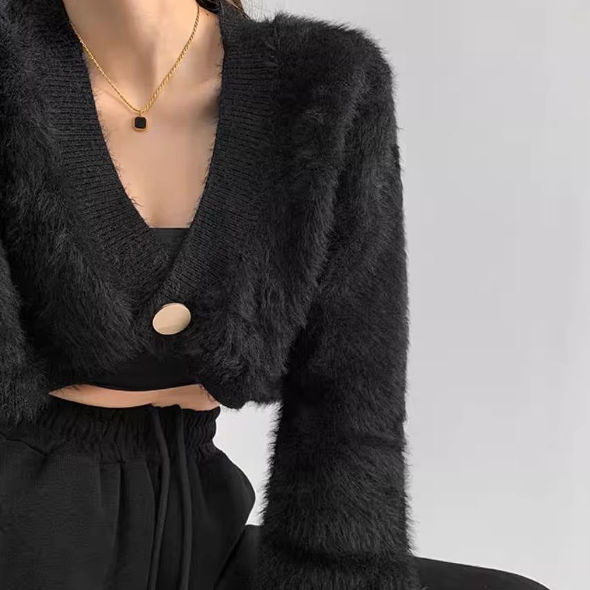 Damen cropped Strickjacke mit voluminösen Ärmeln und Knopfdetail EB