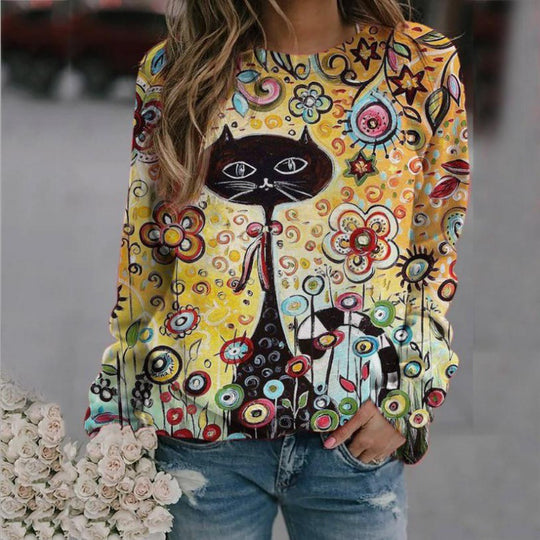 Damen Oversized-Sweatshirt mit künstlerischem Katzen-Print und floraler Musterung EB