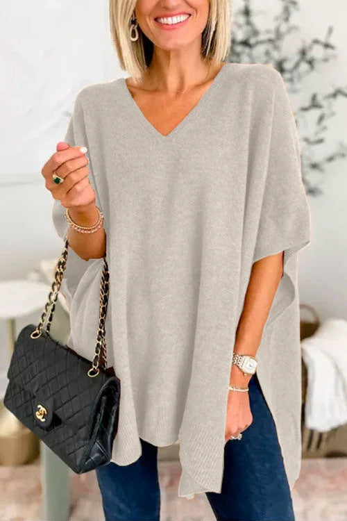Damen V-Pullover aus feinem Strick mit weit geschnittenen Ärmeln und lässigem Stil EB