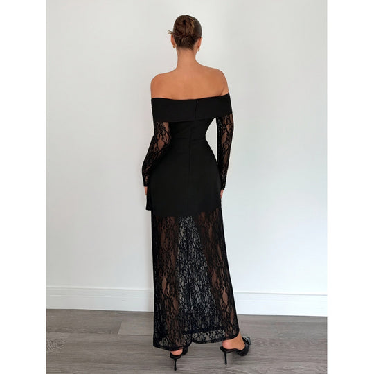 Damen Spitzen Abendkleid mit schulterfreiem Design und langen Ärmeln EB