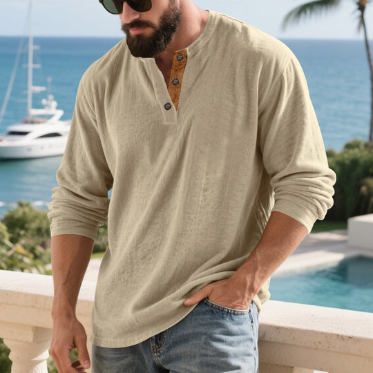 Herren nan langärmeliges Henleyshirt aus strukturierter Baumwollmischung mit Zierknopfleiste EB