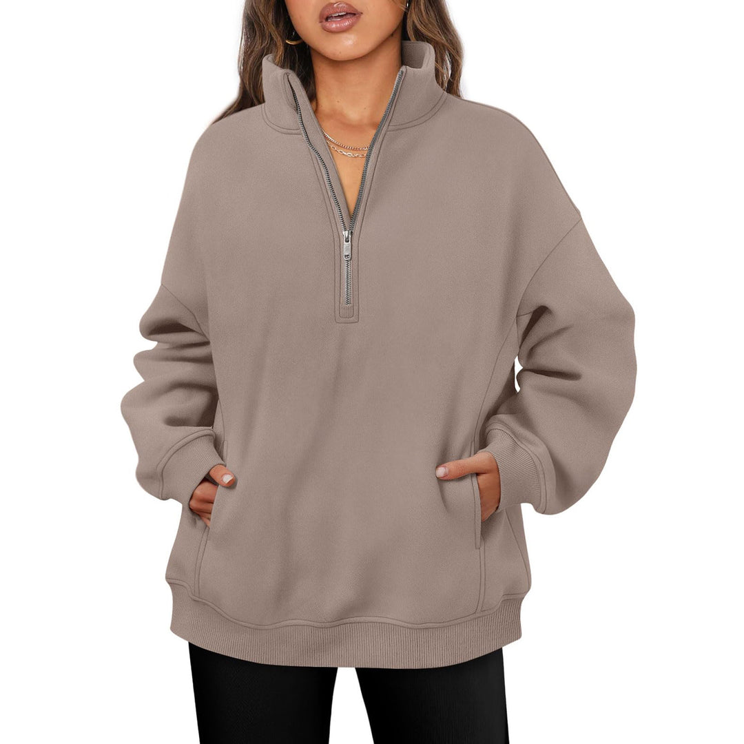 Damen nan oversized Halbzip-Pullover mit Stehkragen, Kängurutasche und Rippbündchen EB