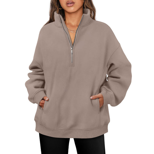 Damen nan oversized Halbzip-Pullover mit Stehkragen, Kängurutasche und Rippbündchen EB