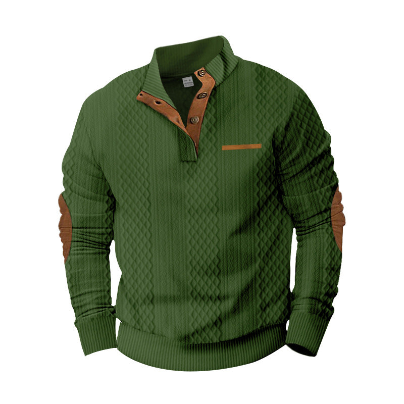 Herren nan strukturiertes Halbknopf-Pullover mit gesteppter Oberfläche, Ellbogen-Patches und Stehkragen EB