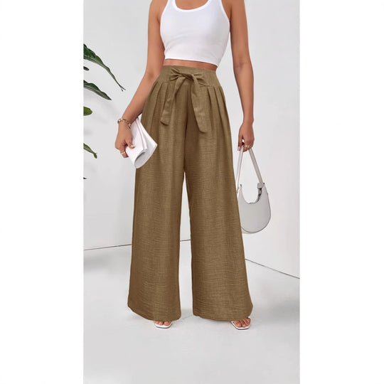 Damen Weite Hochtaillierte Hose mit Schleifenbund und Falten EB