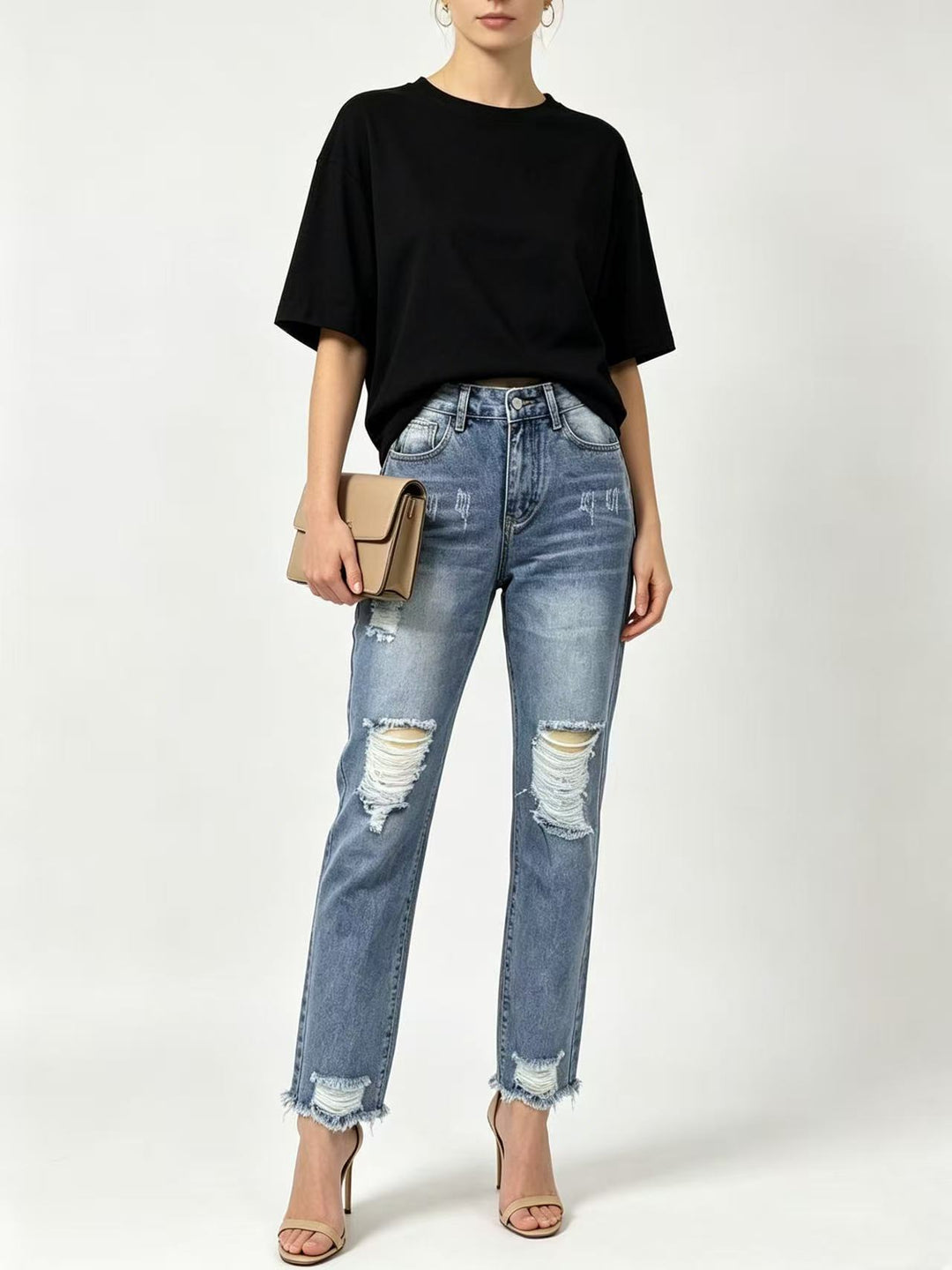 Damen nan hochgeschnittene Straight Leg Jeans mit gezielten Rissdetails und rohem Knöchelabschluss EB