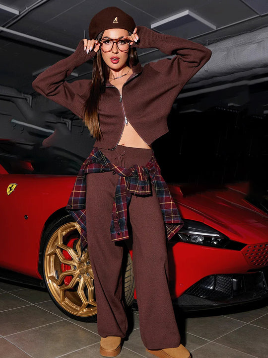 Damen nan gestricktes Loungewear-Zweiteiler mit kurzem Reißverschluss-Cardigan und weitem Highwaist-Hosenbein EB
