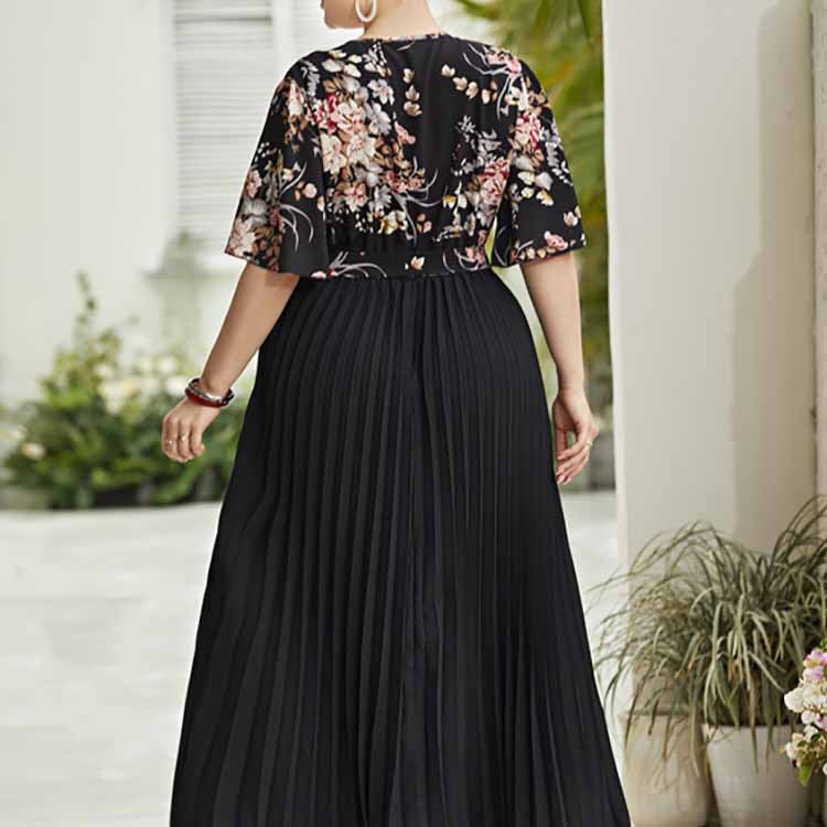 Damen Maxi-Kleid mit floralem Oberteil und plissiertem Rock EB