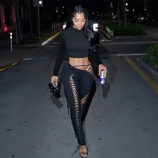 Damen Crop-Top und Hoch geschnittene Leggings mit Schnürdetails EB