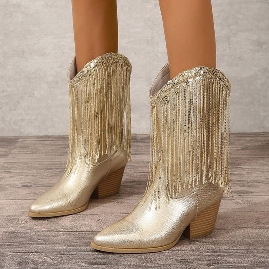 Damen kniehohe Fransen-Cowboystiefel mit feiner Perlenfransen-Verzierung und geformtem Blockabsatz EB