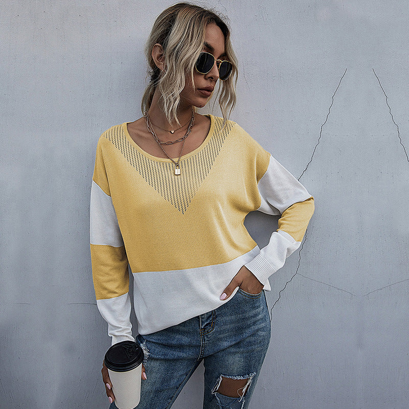 Damen lässiger V-Pullover mit modischem Netzdesign EB
