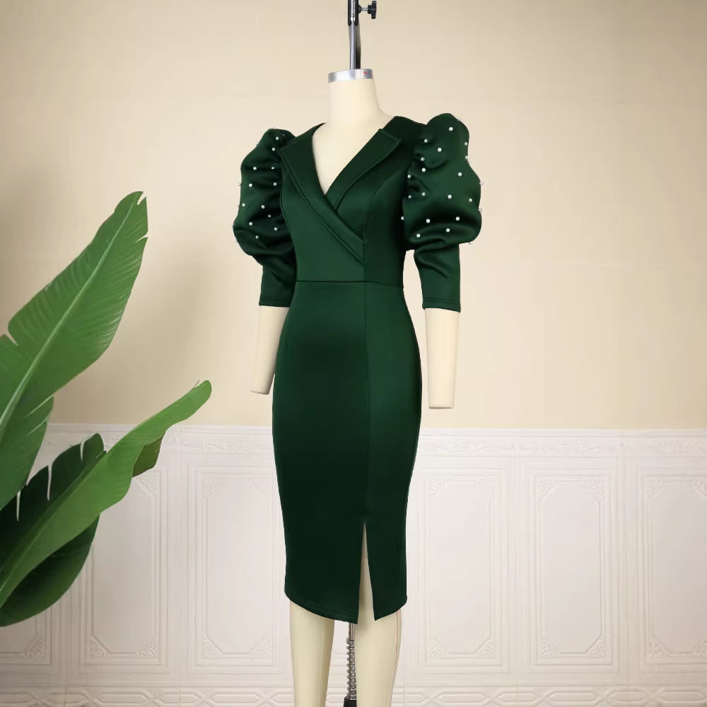 Damen figurbetontes Kleid mit eleganten Puffärmeln und Schlitz EB