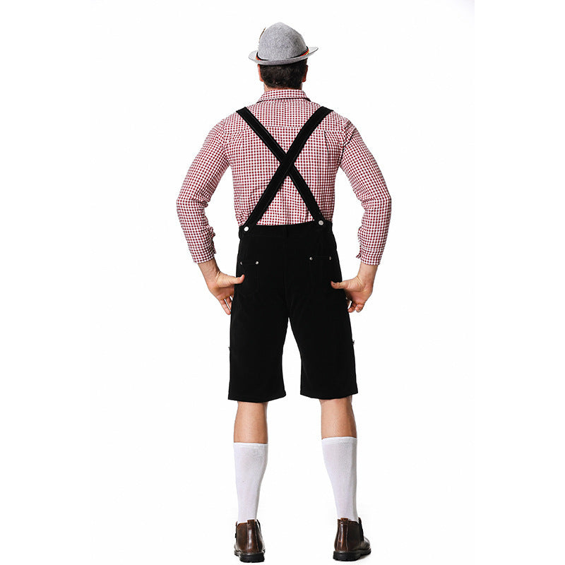 Herren nan kurze Trachtenlederhose in Veloursleder-Optik mit besticktem Brustlatz und verstellbaren Trägern EB