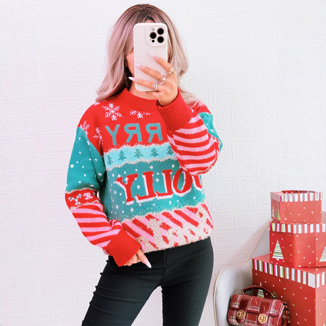 Damen festlicher Strickpullover mit kreativem Weihnachtsdesign EB