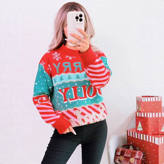 Damen festlicher Strickpullover mit kreativem Weihnachtsdesign EB