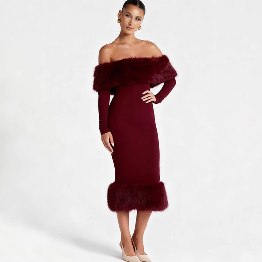 Damen Figurbetontes Kleid mit abnehmbaren Kunstfell-Akzenten EB