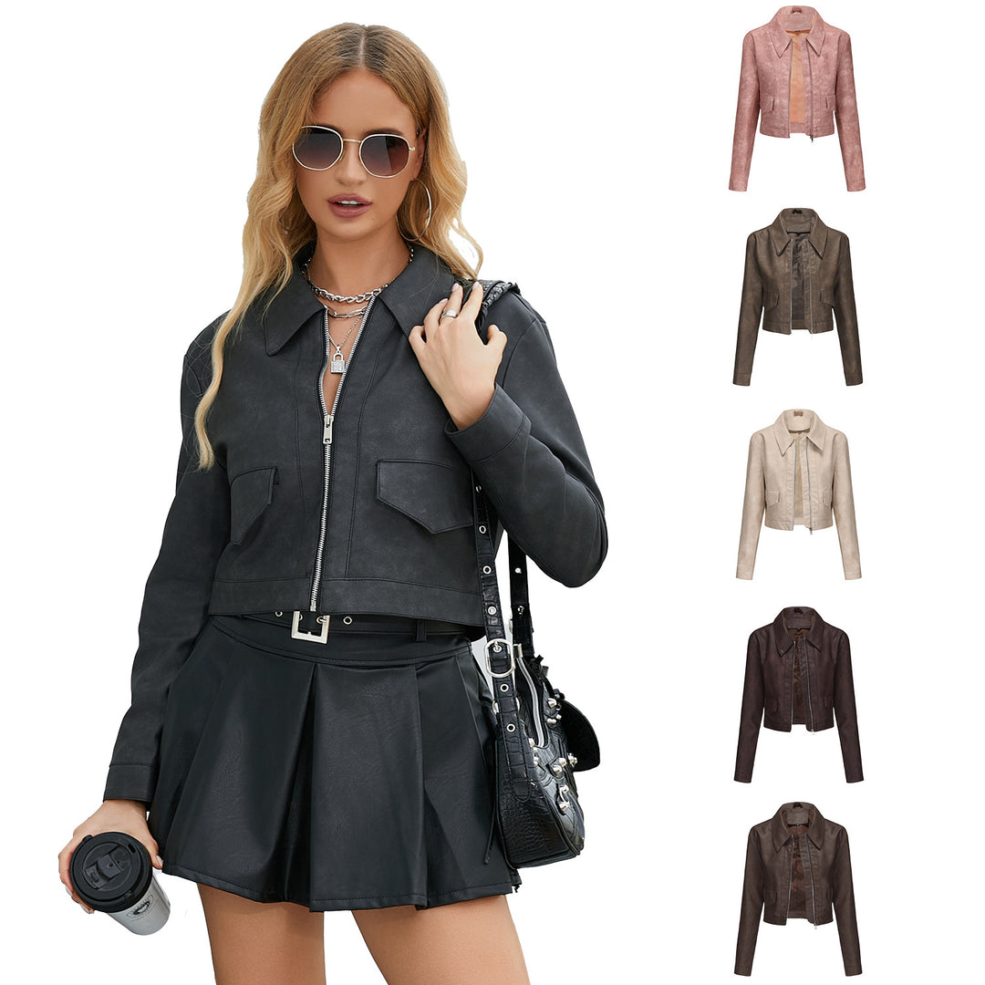 Damen modische cropped Kunstlederjacke mit klassischem Wellenkragen EB