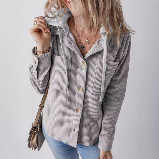 Damen lässige Rippenstruktur Hemdjacke mit Kapuze EB