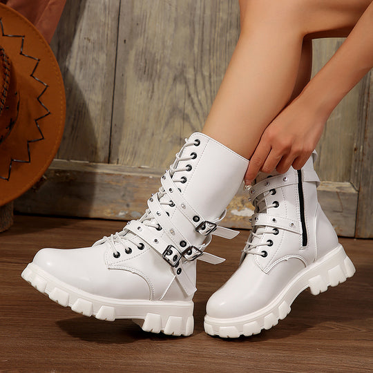 Damen Modische Schnürstiefeletten mit verstellbaren Riemen und robuster Sohle EB