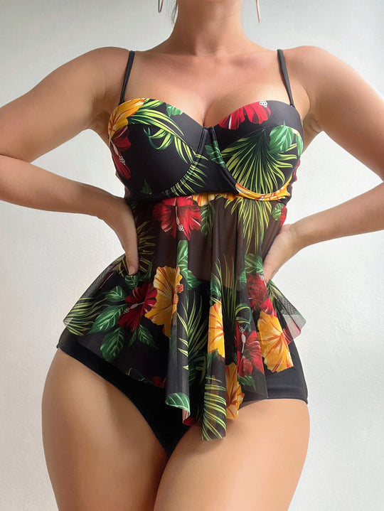 Damen Badeanzug mit Volants und floralem Print EB