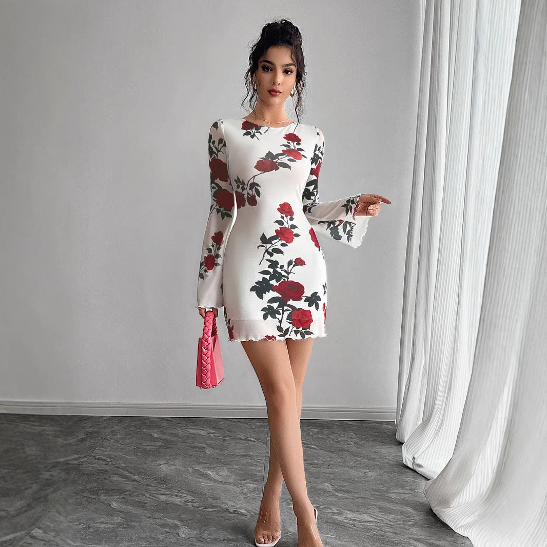 Damen Minikleid mit floralem Design und eleganten Trompetenärmeln EB