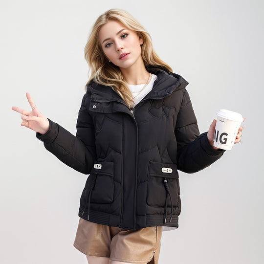Damen gesteppte Winterjacke mit verstellbarem Kapuzenkragen und funktionalen Seitentaschen EB