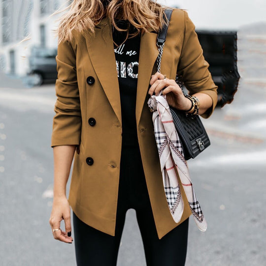 Damen nan taillierter Longblazer mit doppelreihiger Knopfleiste, Reverskragen und Eingrifftaschen EB