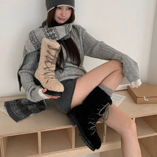 Damen modische Winterstiefel mit flauschigem Innenfutter und robustem Sohlenprofil EB