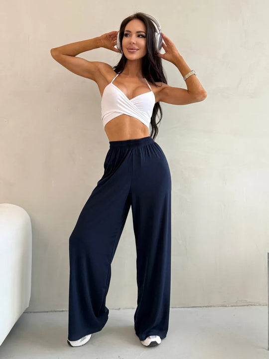 Damen weite High-Waist Palazzo-Hose aus geripptem Jersey mit elastischem Bund EB